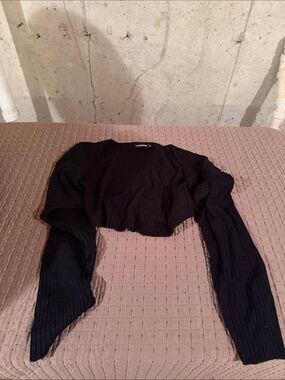 LANGUAGE Black Ribbed Cropped Long-Sleeve Top